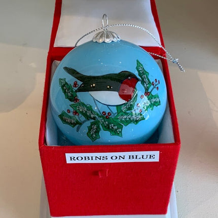 Hand Painted Glass Bauble - Robins on Blue image 0