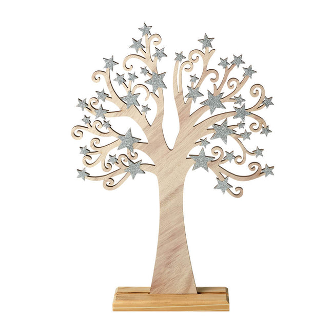 WOODEN TREE WITH SILVER STARS image 0