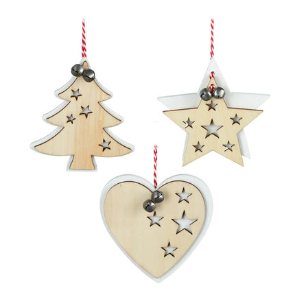 SET OF WOOD AND WHITE CUT OUT BELL DECS image 0