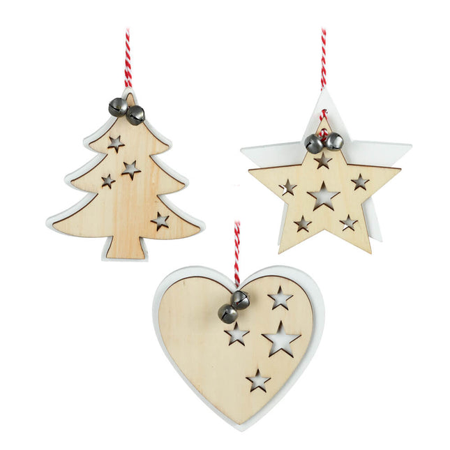 SET OF WOOD AND WHITE CUT OUT BELL DECS image 0