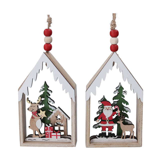Wood Dec 15cm - Painted Fretwork House w Deer/Santa, 2as image 0