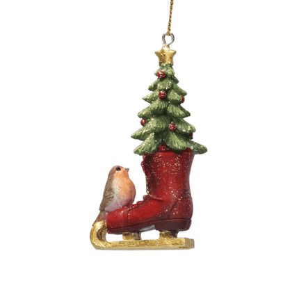 Ice Skating Boot with Robin & Tree - Red Baubles image
