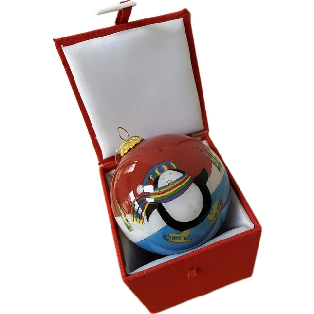 Hand Painted Glass Bauble - Skating Penguin! image 0