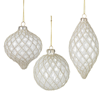 WHITE GLASS & GLITTER BAUBLE MIX - Assorted designs image 0