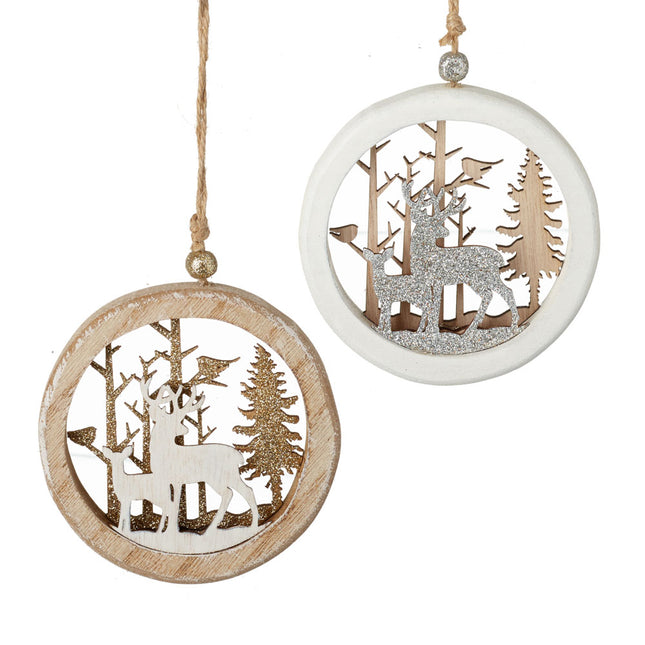 WOOD & GLITTER ROUND DEER HANGING DECS - ASSORTED DESIGNS image 0